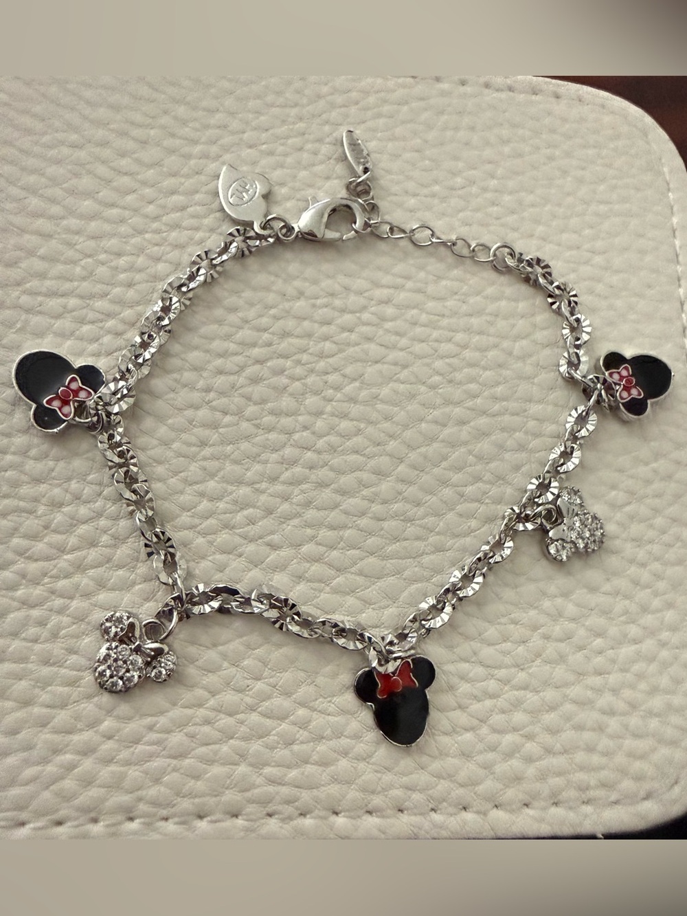 18K White Gold Filled Minnie Mouse Charm Bracelet with Black and Red Accents